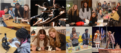 Collage of pictures showing students participating in theater, dance, science, and hands-on activities